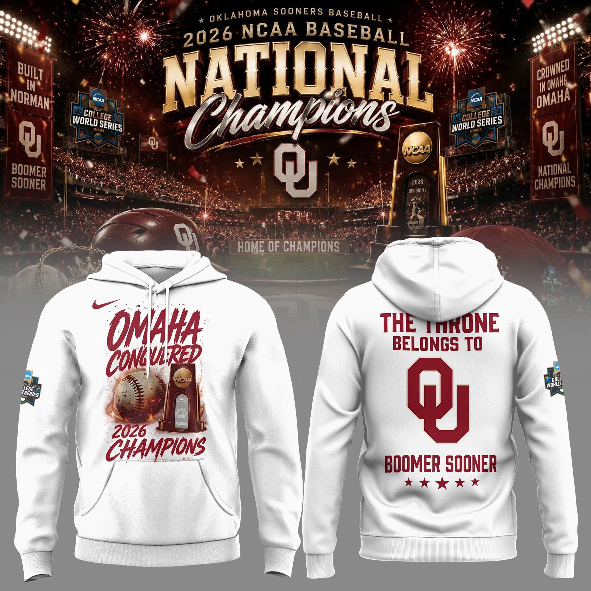 Oklahoma NCAA Basbeball Champions '26 Limited Edition White Hoodie