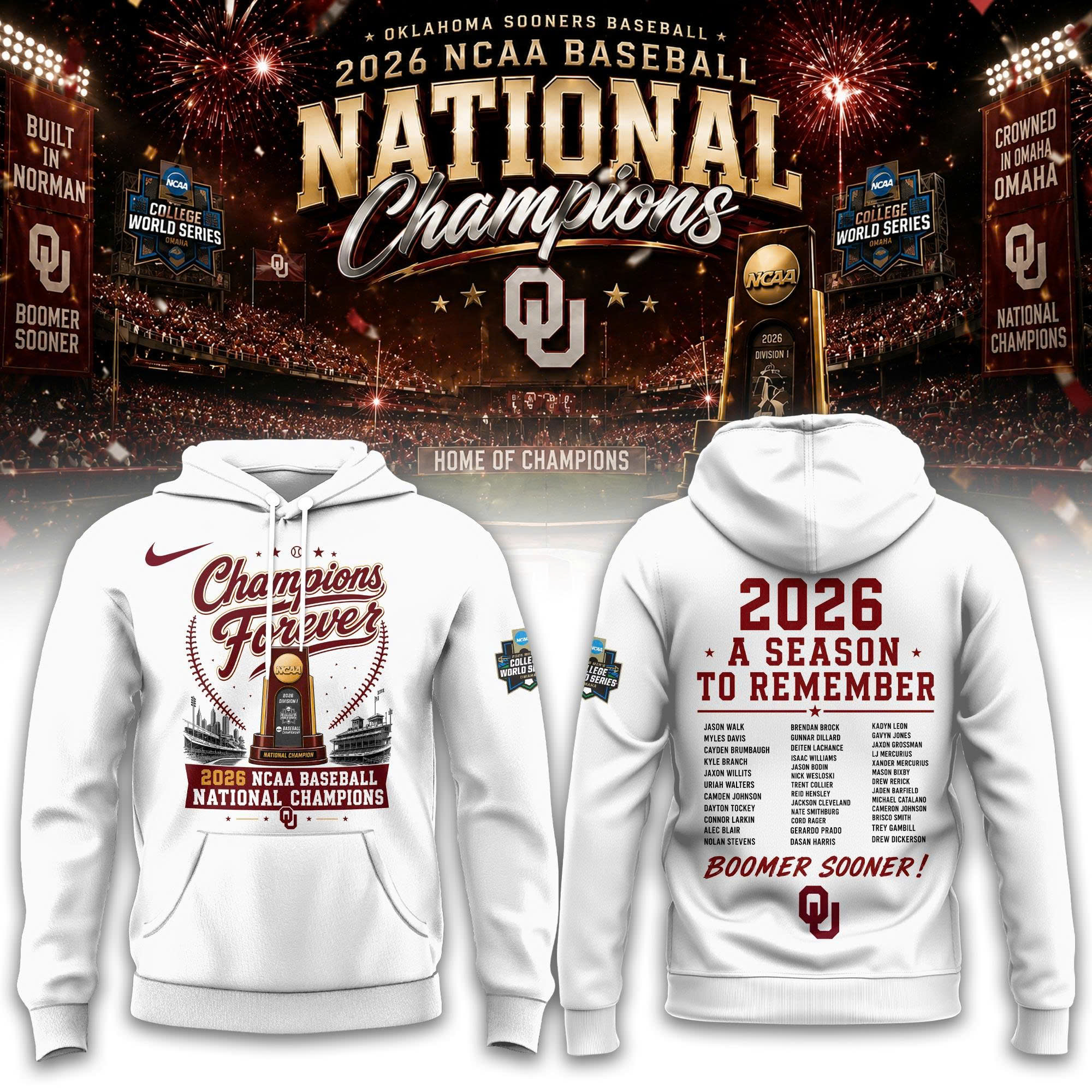 Oklahoma NCAA Basbeball Champions ’26 Limited Edition White Hoodie v2