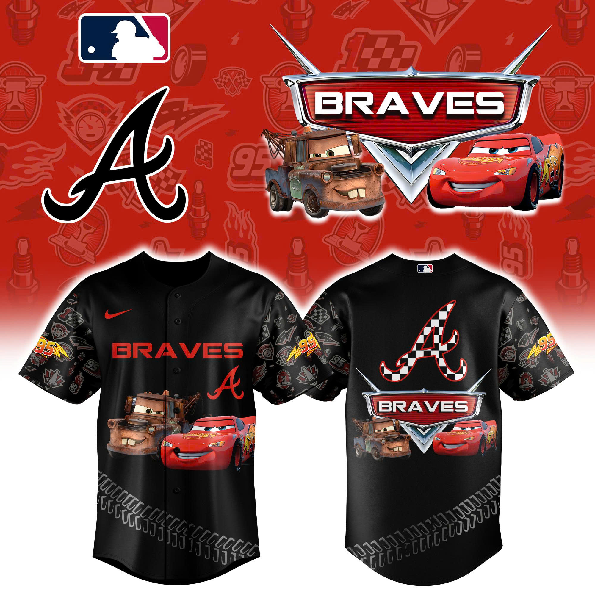Atlanta Braves x Lightning McQueen Version Baseball Jersey Combo