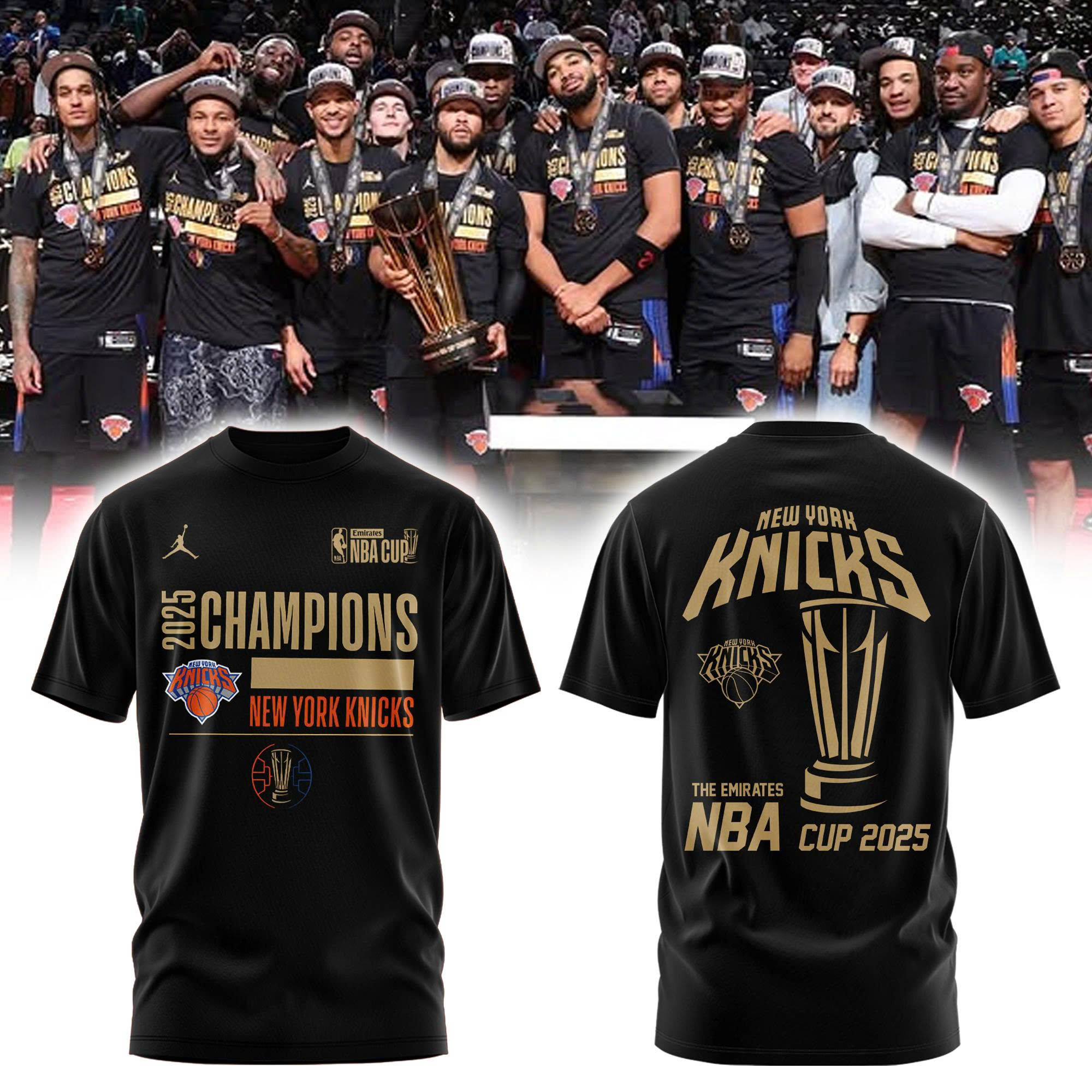 Jordan Brand Black New York Knicks 2025 NBA Cup Champions Locker Room Limited Edition Tshirt | Jogger | Cap