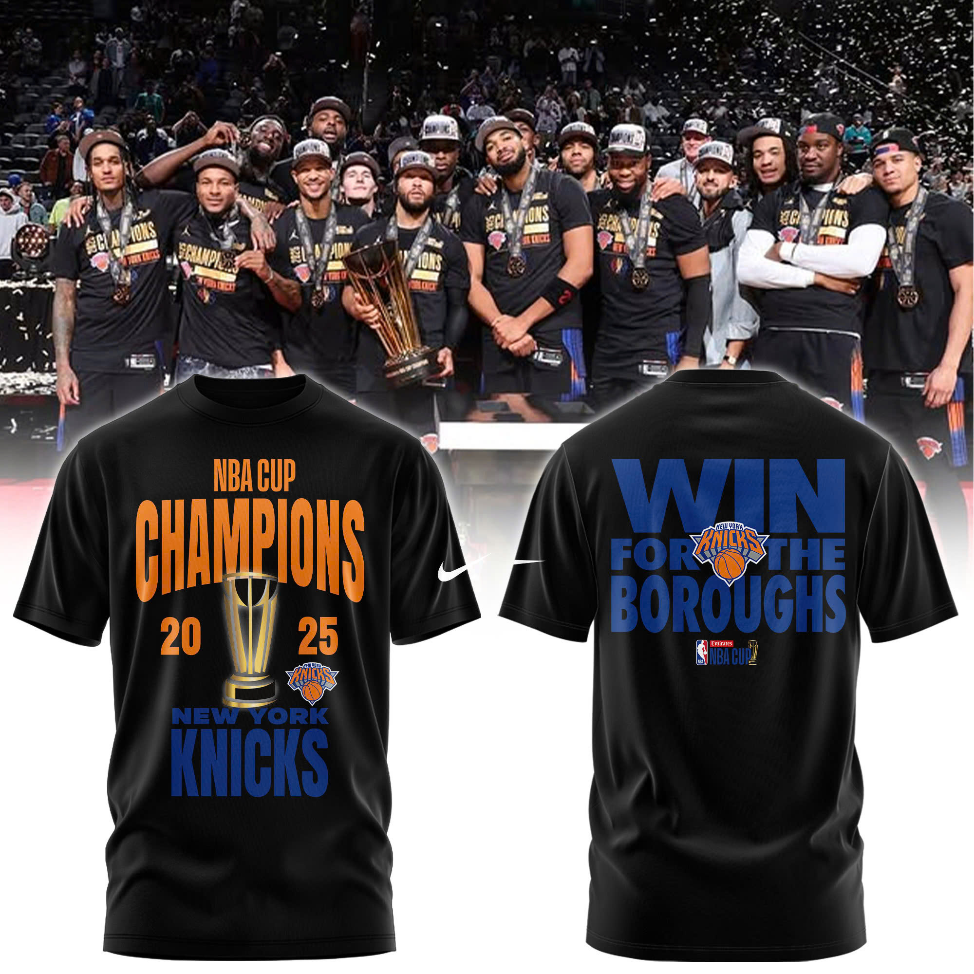 Jordan Brand Black New York Knicks 2025 NBA Cup Champions Limited Edition Tshirt | Jogger | Cap